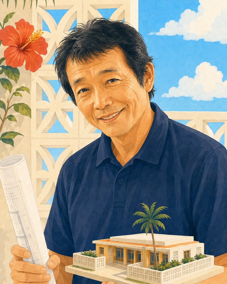 代表・一級建築士 羽地敏博のイラスト。花ブロックの前で図面と模型を手に笑顔で立つ