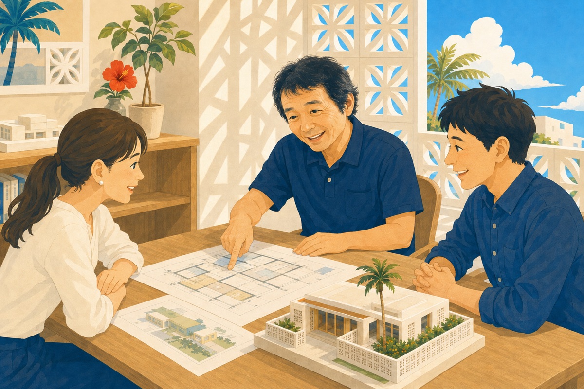 建築士が図面と模型でお客様に説明している打ち合わせのイラスト