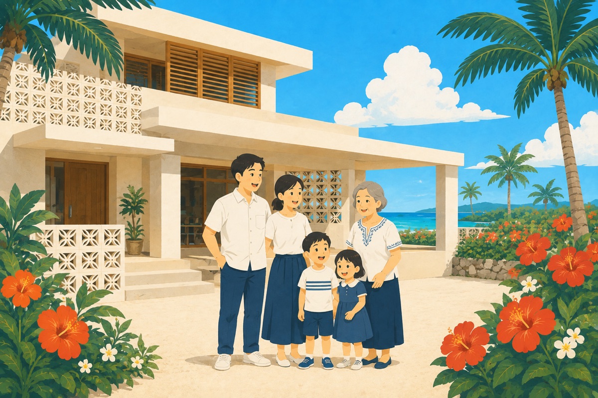 花ブロックのある沖縄の住宅と家族のイラスト