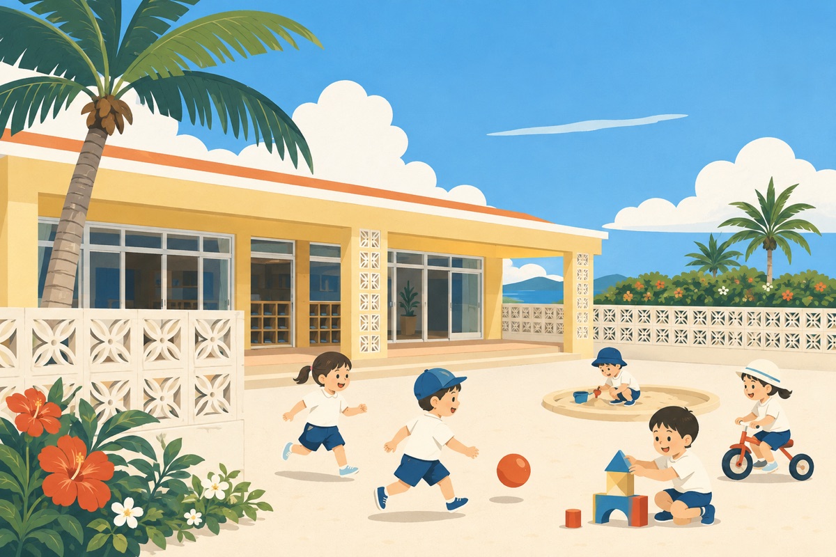 園庭で遊ぶ子どもたちと沖縄の保育園のイラスト